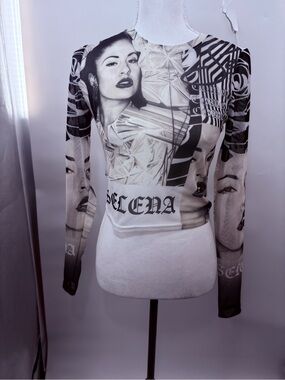Selena Quintanilla Como La Flor Collage Mesh Long Sleeve Crop Top Size S